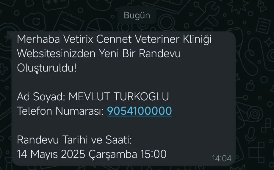 Gelen bildirim mesajları örnekteki gibidir.